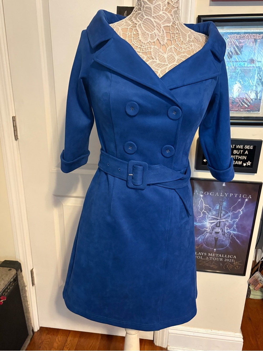 Royal Blue Off Shoulder Belted Suede Look Dress NWT Size 4 /Medium Vintage Inspo